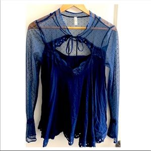 Free People Navy Blue Lace Sheer Blouse Sz M